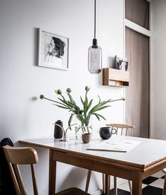 a table with two chairs and a plant on it