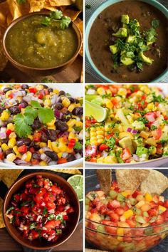 four different pictures of mexican food including guacamole, salsa and tortilla chips