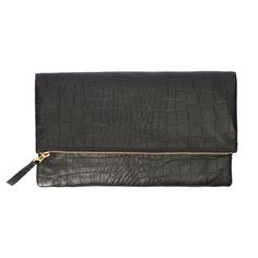 Black Crocodile Embossed Leather Foldover Clutch Rectangular Clutch With Zipper Pocket For Formal Events, Modern Formal Clutch With Zipper Pocket, Evening Rectangular Clutch With Zipper Pocket, Evening Clutch With Zipper Pocket, Modern Evening Clutch With Zipper Pocket, Formal Clutch With Zipper Closure, Chic Formal Clutch With Zipper Closure, Fold Over Clutch, Foldover Clutch