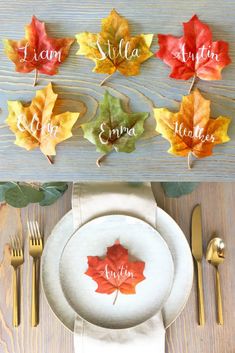 the place setting is decorated with autumn leaves