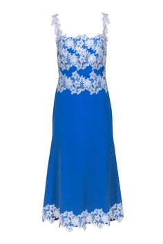 Turn heads in this stunning Lela Rose dress! Gorgeous white floral lace adorns the bust, straps and hem of this bold and bright blue beauty. Perfect for a wedding or formal event, this lovely dress has just the right amount of glam. Complete your eye-catching look with a neutral open-toe heel. Size 6 Shell 94% Polyester, 6% Elastane Lining 100% Polyester Made in USA Concealed back zipper Straight neckline Sleeveless Floral lace appliques on bust, hem and straps Bust 32" Waist 28" Shoulder to hem Blue Lace Dress With Lace Bodice For Spring, Sleeveless Blue Lace Dress With Lace Bodice, Blue Sleeveless Lace Bodice Dress, Blue Lace Dress With Lace Bodice, Blue Lace Dress With Lace Trim, Blue Sleeveless Lace Dress With Lace Trim, Blue Lace Trim Dress For Prom, Sleeveless Lace Dress With Contrast Lace For Wedding, Blue Lace Dress With Lace Bodice For Wedding