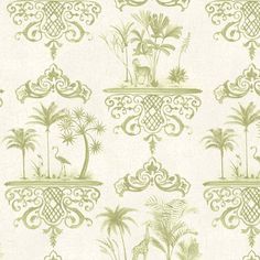 a wallpaper with palm trees and other tropical plants on it's sides, all in shades of green