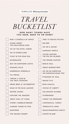 a travel checklist with the words travel bucket list on it in white and blue