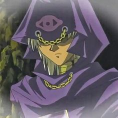 an anime character wearing a purple outfit and chain around his neck