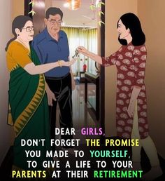 two women and a man standing in front of a doorway with the words dear girls, don't forget the prom if you made to yourself to give a life to your parents at their retirement