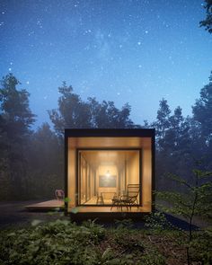 a small cabin in the middle of a forest at night with stars shining on the sky