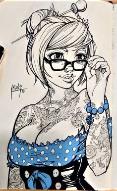 a drawing of a girl with glasses and tattoos on her arm holding a cell phone to her ear