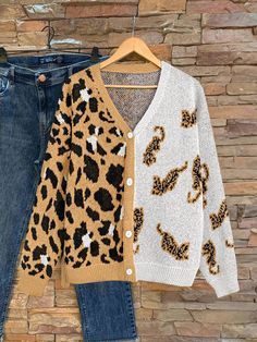 Drop Shoulder Women Leopard Print Patchwork Cardigan Button Sweater Coats Camel Casual  Long Sleeve Fabric Animal,Leopard Print,All Over Print,Textured Pattern  Slight Stretch  Women Clothing, size features are:Bust: ,Length: ,Sleeve Length: Loose Knit Cardigan, Áo Len Cardigan, Patchwork Cardigan, Button Sweater, Casual Cardigans, Weekend Wear, Kids Sleepwear, Sweater Coats, Knitwear Women