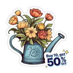 a blue watering can with flowers in it and the words buy 10 get 50 % off