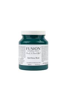 a jar of blue paint on a white background with the words fuson written in it