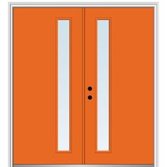 an orange front door with two sidelights