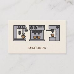 a business card with an image of two coffee machines and the words sara's brew