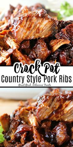 the crock pot country style pork ribs are served on a plate with parsley