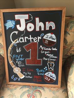 a chalkboard sign that says john's career is 1 and has pictures on it