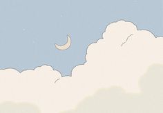 the sky is filled with clouds and there is a half moon in the distance above it