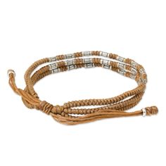 950 Silver Accent Wristband Braided Bracelet from Thailand - Forest Thicket in Tan | NOVICA Adjustable Braided Bracelet Jewelry, Adjustable Braided Jewelry Bracelet, Adjustable Brown Jewelry With Silver Beads, Adjustable Silver Leather Bracelet With Sliding Knot, Bohemian Silver Bracelet With Waxed Cord, Adjustable Hand-strung Bracelets With Waxed Cord, Adjustable Hand-strung Waxed Cord Bracelets, Casual Adjustable Bracelet With Silver Beads, Adjustable Braided Sterling Silver Bracelet As Gift