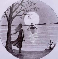 a drawing of a person in a boat on the water