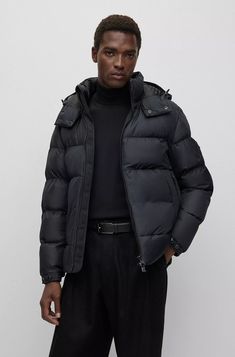 BOSS - Water-repellent padded jacket with zip closure Outdoor Duck Down Puffer Jacket With Zipper, Luxury Nylon Puffer Outerwear, Luxury Nylon Outerwear For Streetwear, Luxury Duck Down Outerwear With Detachable Hood, Fall Duck Down Outerwear With Zipper Closure, Fall Duck Down Outerwear With Zipper, Luxury Nylon Outerwear With Detachable Hood, Outdoor Down Outerwear With Zipper Closure, Luxury Nylon Puffer Jacket For Outdoor