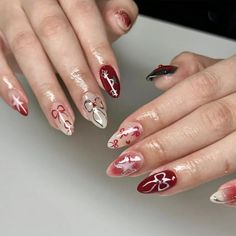 49695345082667 Red Gradient Nails, Red Bow Nails, Shein Nails, Uñas Y2k, Animal Geometric, Short Fake Nails, Nails 3d, Y2k Nails, Blush Nails