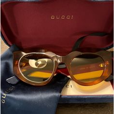 Authentic Gucci Sunglasses Made In Italy Excellent Condition No Damage Pre-Loved Hard Case And Satin Bag Included Satin Bags, Gucci Accessories, Gucci Sunglasses, Colored Sunglasses, Hard Case, Sunglasses Accessories, In Italy, Women Accessories, Satin