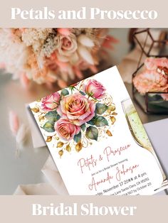 an elegant bridal shower with pink roses and champagne in the glass is featured on this postcard