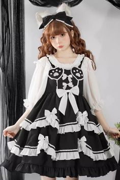 Black/White Bear Paw Print Ruffle Bowknot Sweet Princess Lolita Jsk D – LolitaInside White Harajuku Dress With Doll Collar, Sweet White Dress With Bow, Bear Paw Print, Punk Dress, Bear Paw, Doll Fashion, Bear Paws, White Bear, Lolita Dress