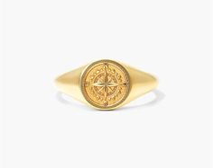 14K Yellow Gold Compass Signet Ring. The compass symbol is the perfect reminder to stay focused and to keep on the right path. This signet ring is the perfect talisman to channel energy. Men’s Gold Jewelry Rings, Symbolic Round Jewelry With Compass Design, Symbolic Gold Jewelry With Compass Design, Compass Symbol, On The Right Path, Signet Ring Men, The Compass, Organization Gifts, Mens Gold Rings