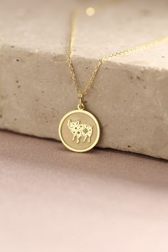 Gold Pig Pendant - Pig Zodiac Gold Necklace ● Material of pendant: Solid Gold 14k ( REAL GOLD ) ● Metal Stamp: 14k ( REAL GOLD ) ● The pendant is available in 5 sizes: - 12,7 mm / 0.5 inches (Diameter) - 14,0 mm / 0,55 inches ( Diameter ) In the photos - 15,3 mm / 0.6 inches ( Diameter ) - 16,5 mm / 0,65 inches ( Diameter ) - 19,1 mm / 0,75 inches ( Diameter ) ( In the photos the size is 14mm / 0.55 inches Diameter ) ( Jump Ring inner diameter: 4 mm ) ● Material of chain: Solid gold 14k ( REAL G Gold Zodiac Sign Necklaces For Birthday, Gold Zodiac Sign Necklaces For Birthdays, Gold Necklace With Animal Design For Gift, Gold Animal Design Necklace For Gift, Gold Zodiac Sign Charm Necklace As Gift, Gold Charm Necklace With Zodiac Sign For Gift, Gold Zodiac Sign Charm Necklace For Gift, Pig Zodiac, Pig Necklace