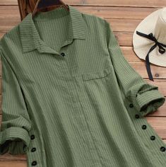 New In Bag. Ordered From Online And Didn't Fit. Chest 20" Across. Button Pocket Striped Long Sleeve Top. Army Green. Size Large. Polyester. Smoke/Pet Free Home. Korean Shirt, Striped Long Sleeve Shirt, Linen Blouse, Plain Shirts, Plus Size Kleidung, Blouse Online, Long Shirt, Striped Blouse, Blouse Styles