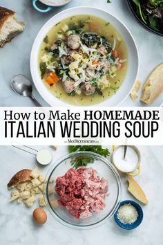 a bowl of italian wedding soup with meat and vegetables in it, next to other dishes