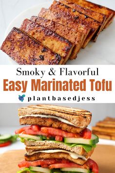 grilled tofu sandwiches stacked on top of each other with text overlay that reads smoky soy sauce marinated tofu plantbaseses