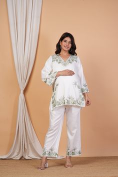 Hand Embroidery Cotton Satin Lounge Wear Set, Floral Maternity Pj Set, Pregnancy Top And Pajama Set, Maternity Loungewear Baby Shower Gift Printed Top And Pajama Set. Pants have Elastic for Comfort Fit. 100% Cotton Satin Fabric. Top Size -XS, S, M, L, XL, 2XL, 3XL, 4XL. Pant Size -XS, S, M, L, XL, 2XL, 3XL, 4XL. Package Contents -1 Top 1 Pant. Embroidery Cotton Satin Print Fabric.  Customizations Can be Done.  Wash Care :  Do Not Soak or Tumble Dry. Cold Water Wash Using Mild Detergent. Dry in S Embroidered Cotton Pant Set With Long Sleeves, White Long Sleeve Matching Pant Set, Embroidered Cotton Sets For Loungewear, White Pant Set With Chikankari Embroidery For Wedding, White Chikankari Embroidered Pant Set For Wedding, Embroidered Long Sleeve Loungewear Sets, Festive White Pant Set With Floral Embroidery, White Cotton Sleepwear With Floral Embroidery, White Floral Embroidered Long Sleeve Palazzo Set