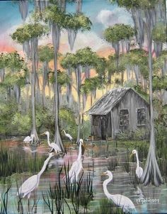 a painting of white birds in the water near trees and a shack with a window