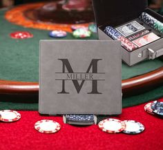 a table with poker chips on it and a card case next to it that says miller iv