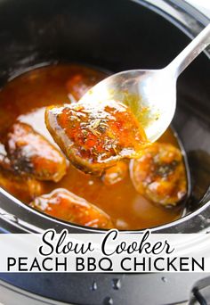 slow cooker peach bbq chicken is being spooned into an instant pressure cooker