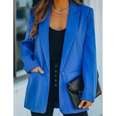 Blue Candy Button Lapel Collar Long Sleeve Blazer Blue Solid Color Blazer For Office, Blue Office Blazer Solid Color, Blue Office Blazer With Solid Color, Blue Solid Color Office Blazer, Trendy Blue Business Casual Blazer, Blue Single Button Outerwear, Blue Solid Color Blazer For Work, Trendy Blue Single-breasted Blazer, Blue Solid Color Blazer For Spring