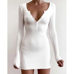 Brand New In Bag Solid White Textured Ribbed Knit V-Neck With Button Closure Long Sleeves Slim Bodycon Fit Mini Length 95% Polyester 5% Spandex White Ribbed V-neck Mini Dress, Low Cut Bodycon Dress, Stile Casual Chic, White Bandage Dress, Bodycon Dress Casual, Bodycon Casual, Long Sleeve Fitted Dress, Womens Sheath Dress, White Long Sleeve Dress