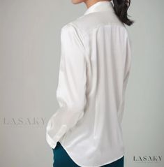 Lasaky - Satin Collared Long-Sleeve Blouse with Simulated Silk Luxe Finish Silk Office Top With Collar, Office Silk Top With Collar, Classic Long Sleeve Silk Tops, Long Sleeve Silk Top In Solid Color, Long Sleeve Silk Tops In Solid Color, Silk Long Sleeve Tops For Work, Long Sleeve Silk Tops For Work, Long Sleeve Padded Blouse For Work, Elegant Long Sleeve Formal Blouse Piece