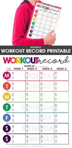 a woman holding a work out record printable