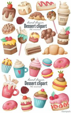 an image of dessert clipart with different types of cakes and cupcakes on it