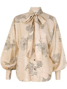 beige silk all-over graphic print front button fastening all-over graphic print pussy-bow fastening long blouson sleeves buttoned cuffs curved hem Tea Sketch, Silk Long Sleeve Blouse, Beige Silk, Tie Neck Blouse, Swimwear Outfit, Long Blouse, Tie Neck, Denim Pant, Denim Top