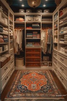 a walk in closet filled with lots of clothes and rugs on top of wooden flooring