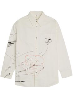 off-white cotton illustration-style print inspired by Cy Twombly logo patch to the rear straight-point collar front press-stud fastening long sleeves press-stud fastening cuffs curved hem Cotton Illustration, Cy Twombly, Illustration Style, Shirt White, Patch Logo, White Cotton, Cotton Shirt, Printed Cotton, Fashion Illustration