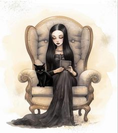 a drawing of a woman sitting in a chair with a black cat on her lap