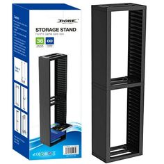 a black storage stand next to an open box