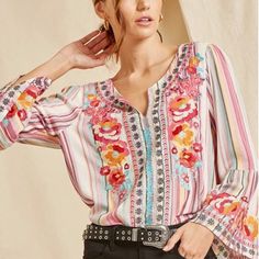 Beautiful Savannah Jane Embroidered To Regular And Plus Sizes Casual Multicolor Embroidered Floral Top, Casual Embroidered Floral Top For Fall, Red Embroidered Top For Spring, Embroidered Pink Blouse For Fall, Pink Embroidered Blouse For Fall, Multicolor Floral Embroidered Top For Spring, Multicolor Floral Print Embroidered Top For Spring, Spring Multicolor Floral Embroidered Top, Multicolor Long Sleeve Embroidered Top For Spring