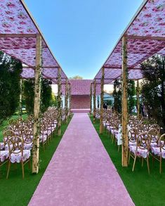 an outdoor wedding venue with pink carpet and gold chairs set up on the grass for a ceremony