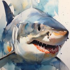 a watercolor painting of a shark with its mouth open and it's teeth out