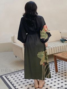 Peilia - Premium Plus Size Satin Ombre Lotus Print Nightgown - Elegant Womens Loungewear Robe with Three Quarter Sleeves, Open Front, and Belted Design Black Spring Sleepwear For Home, Plus Size Satin, Elegant Plus Size, Lotus Print, Summer Cardigan, Nightgowns For Women, Dressing Gown, Womens Loungewear, Three Quarter Sleeves