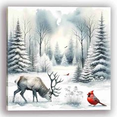 a painting of a deer and a cardinal in the snow